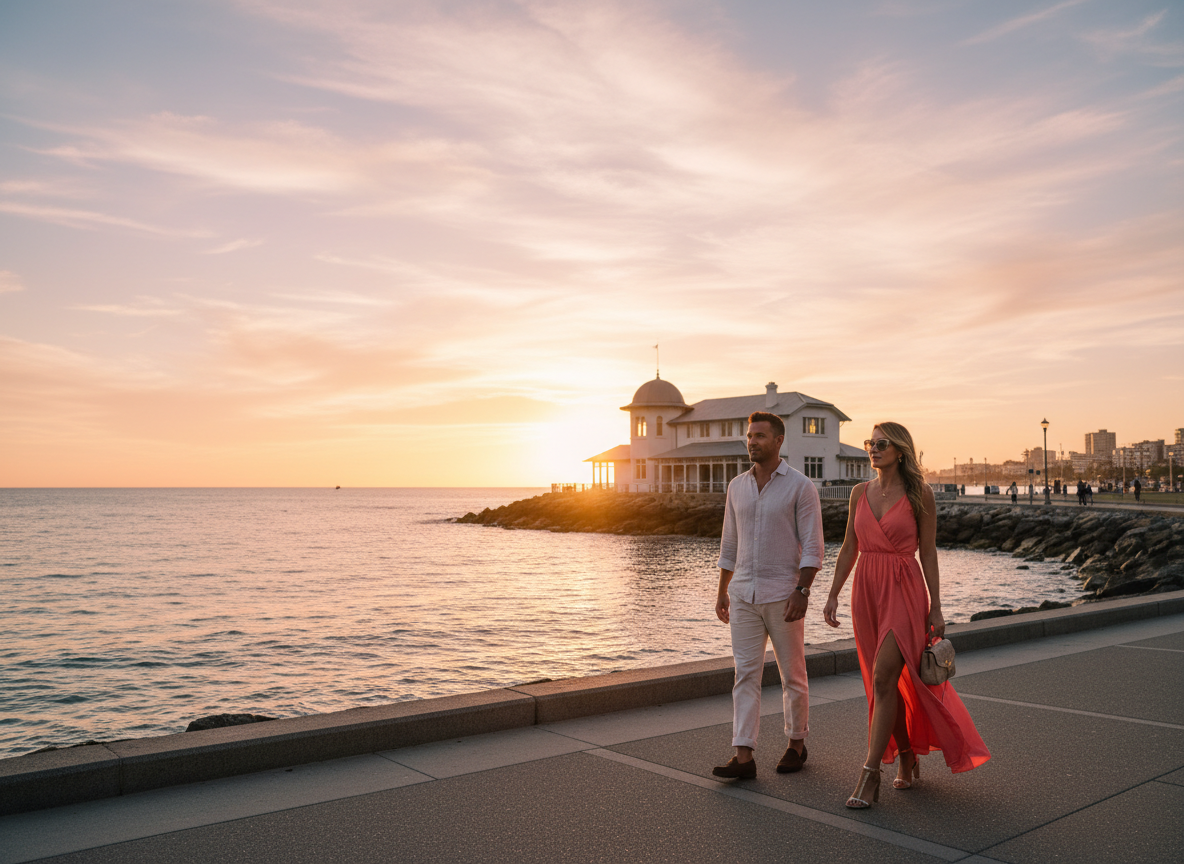 A couple walking along the Cottesloe Shore